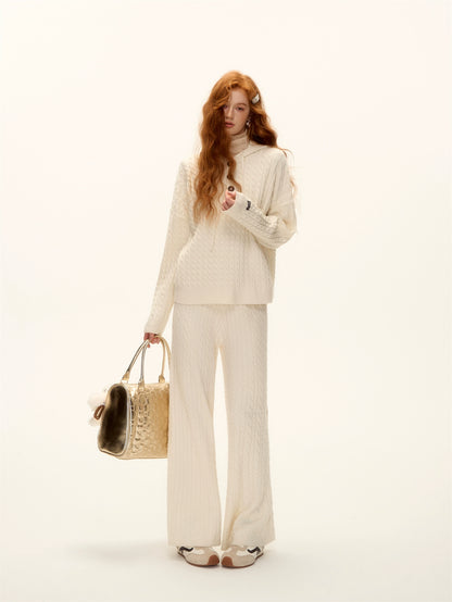 Wool Blend Cable-Knit Hoodie &amp; Wide-Leg Pants Set