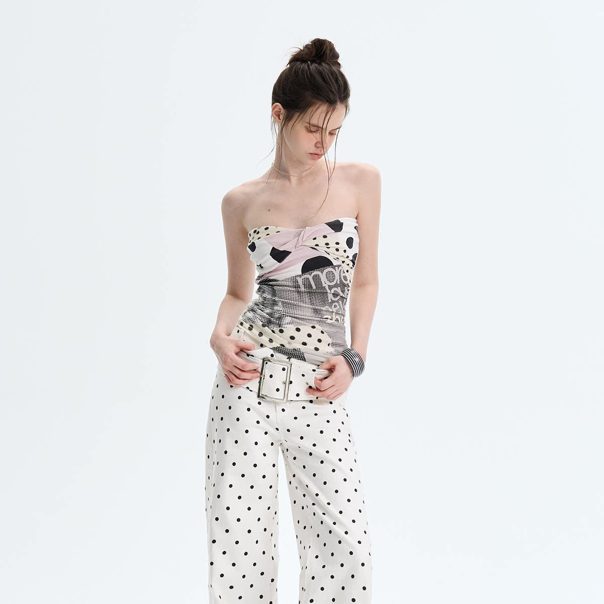 Twist-Front Printed Strapless Crop Bustier