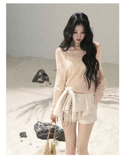 Sheer Off-Shoulder Sun Protection Knit Top Set