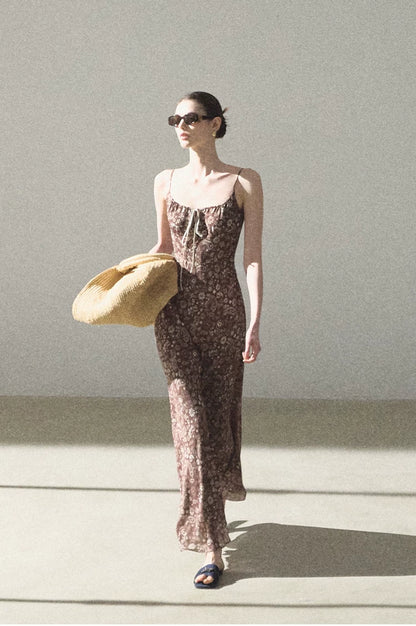 Bohemian Floral Print Waist-Cinched Sleeveless Slip Dress