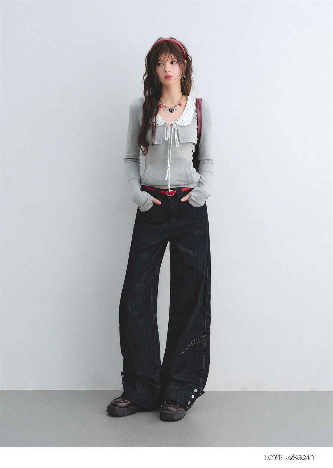 Lyocell Red Waistband Turn-Up Button Hem Straight Wide-Leg Denim Jeans