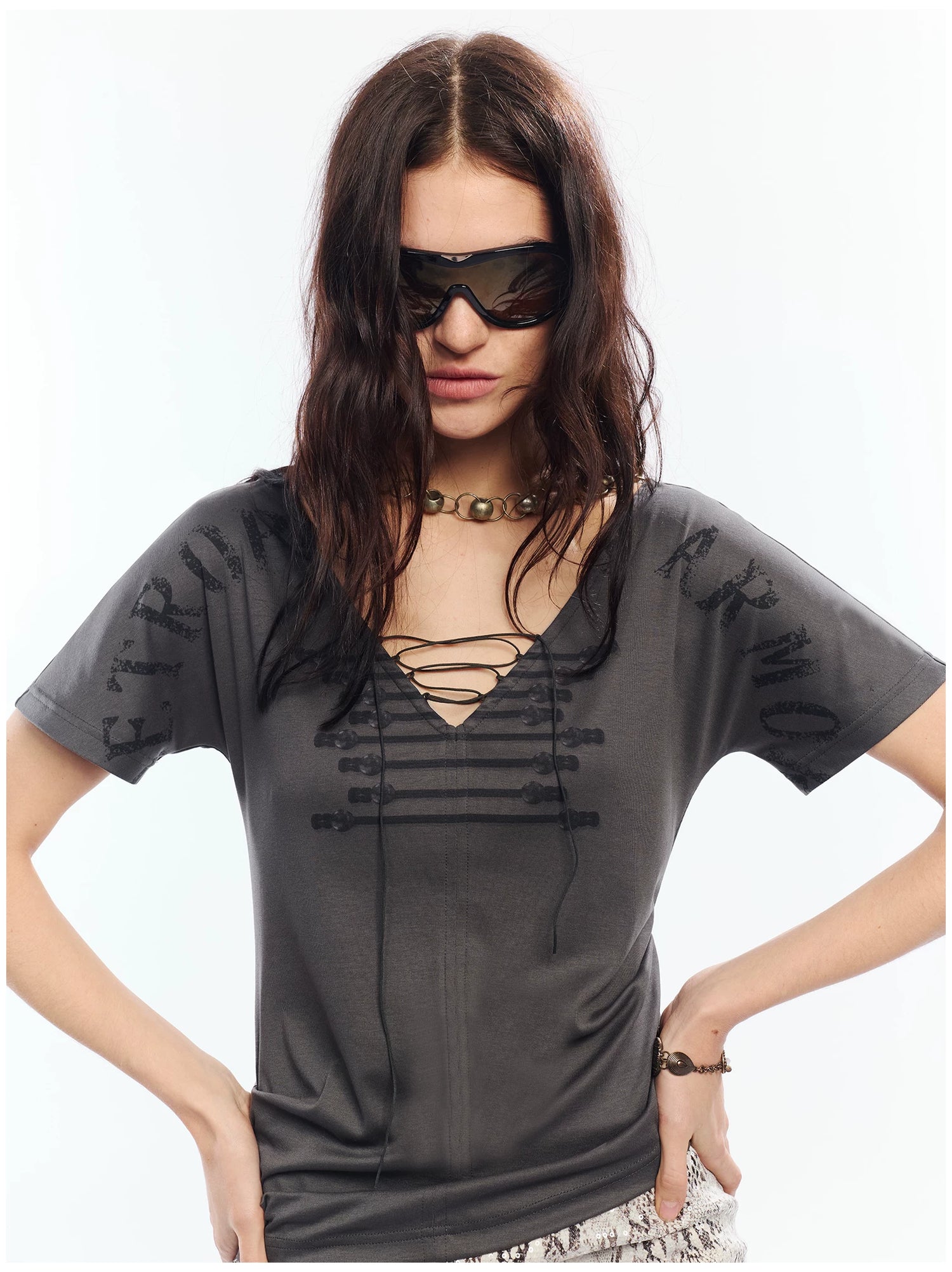 Vintage Lace-Up Graphic V-Neck Tee