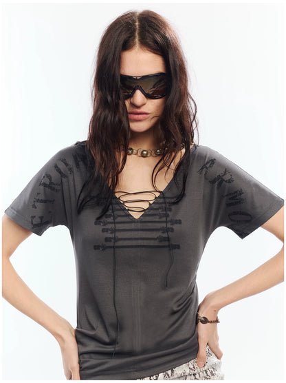 Vintage Lace-Up Graphic V-Neck Tee