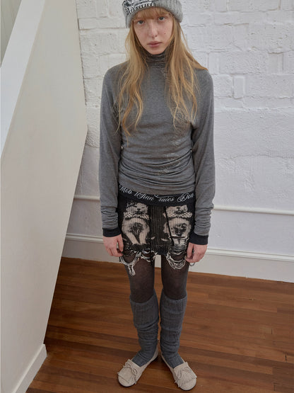 Cat Print Distressed Knit Mini Skirt