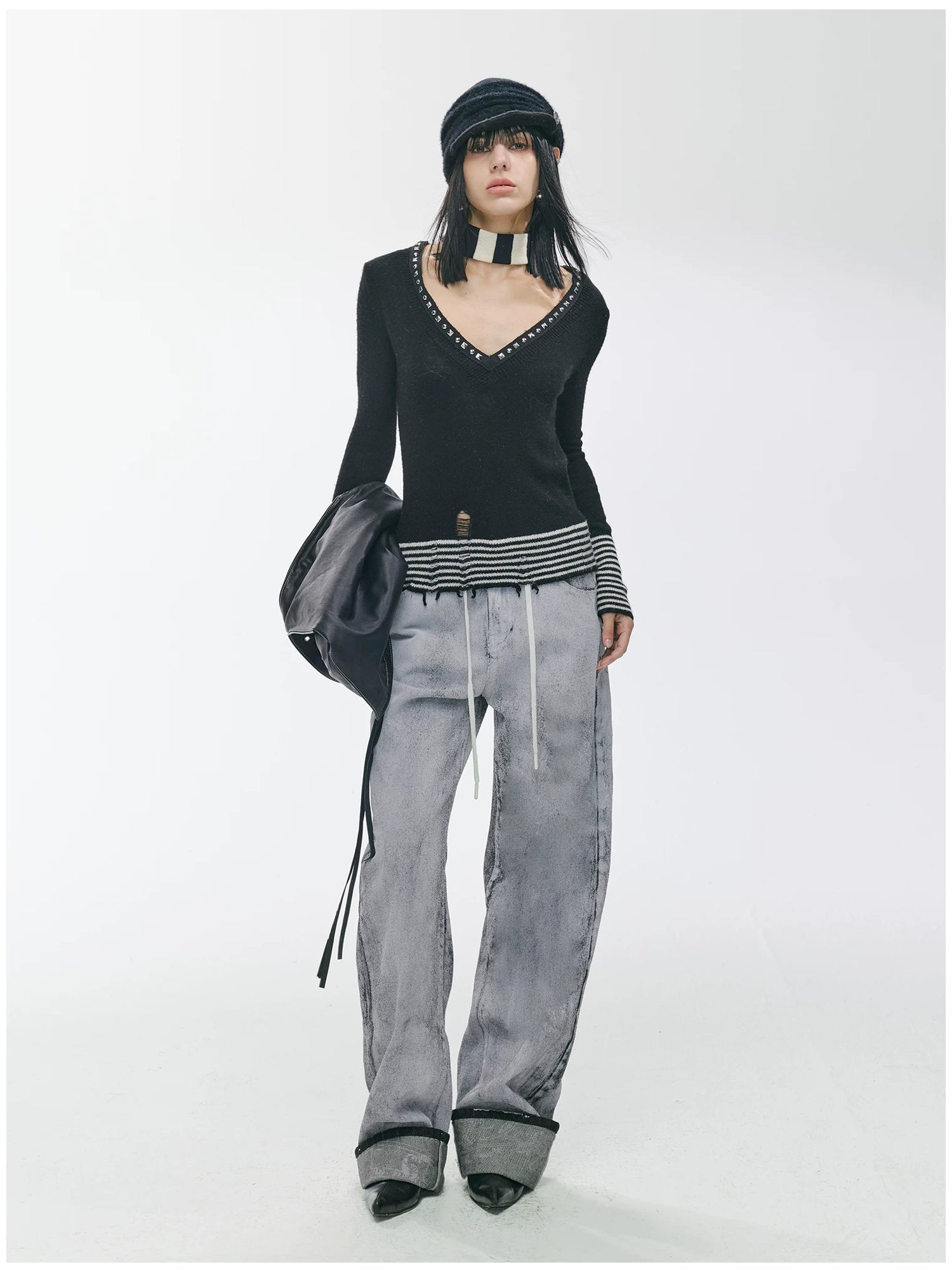 Striped Panel Slim-Fit Wool Knit Top