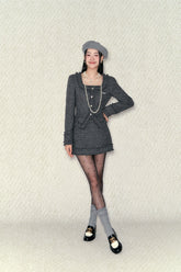 Gray Square Neck Fringed Jacket & Skirt Set - CHINASQUAD