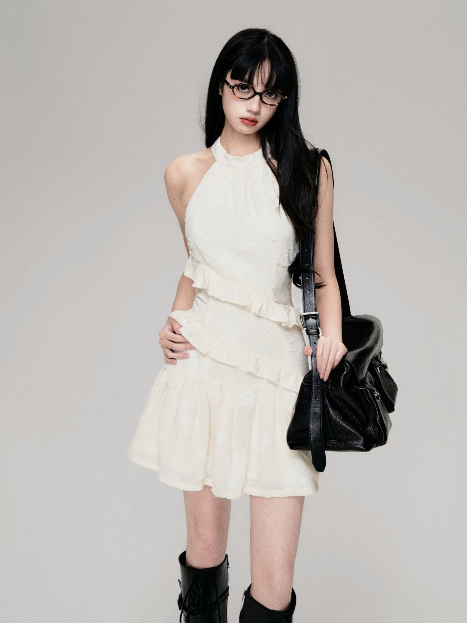 Textured Cut-Out Floral Halter Mini Dress