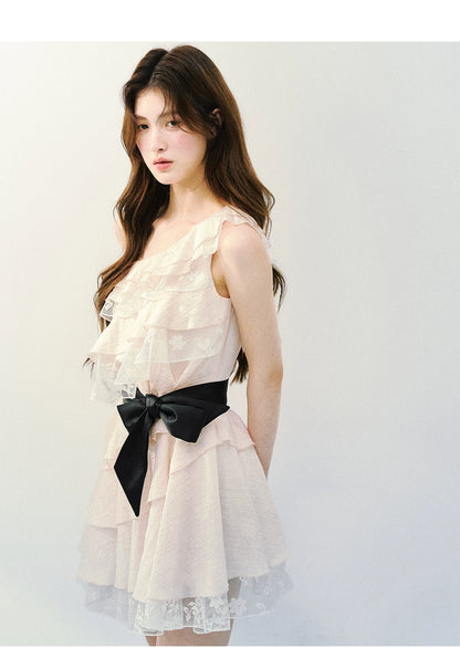 Asymmetric Lace Tiered Ruffle Dress