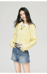 Yellow & Gray 2-in-1 Frayed-edge Sweater - CHINASQUAD