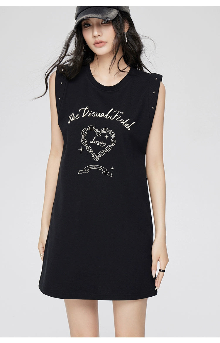 White &amp; Black Love Pattern Sleeveless Dress