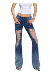 Blue Mesh Patchwork Low-Rise Flared Pants - CHINASQUAD