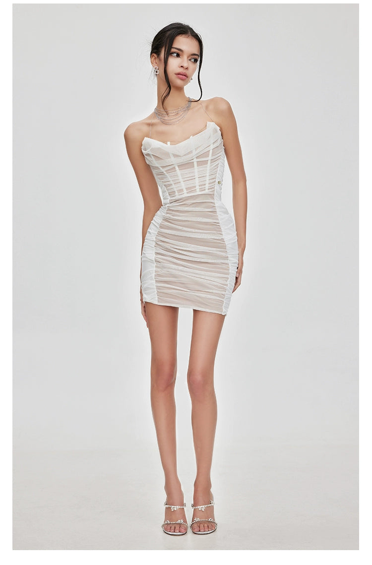 Mesh Pleated Tube Top Dress - CHINASQUAD