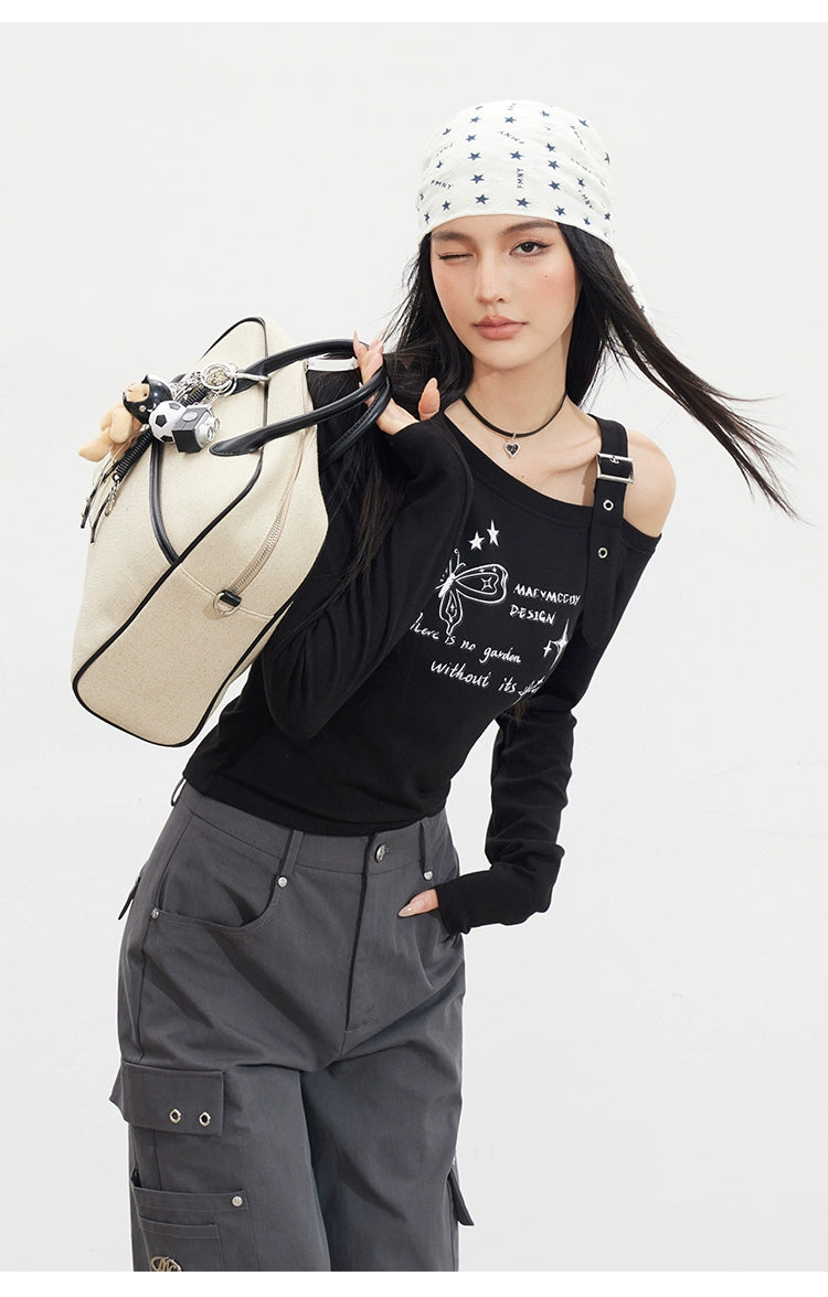 Butterfly Cold-Shoulder Long-Sleeve T-shirt