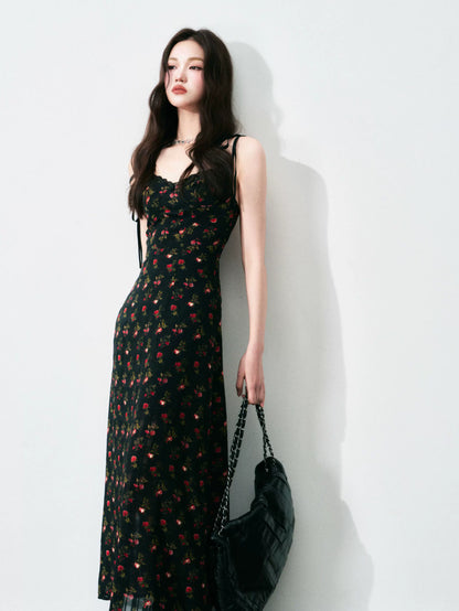 Vintage Floral Tie-Waist A-Line Maxi Dress