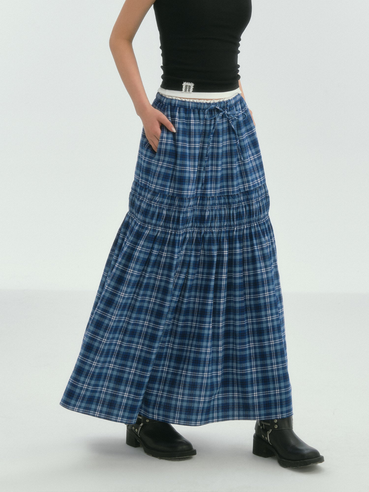 Lace Trim Drawstring Plaid Skirt