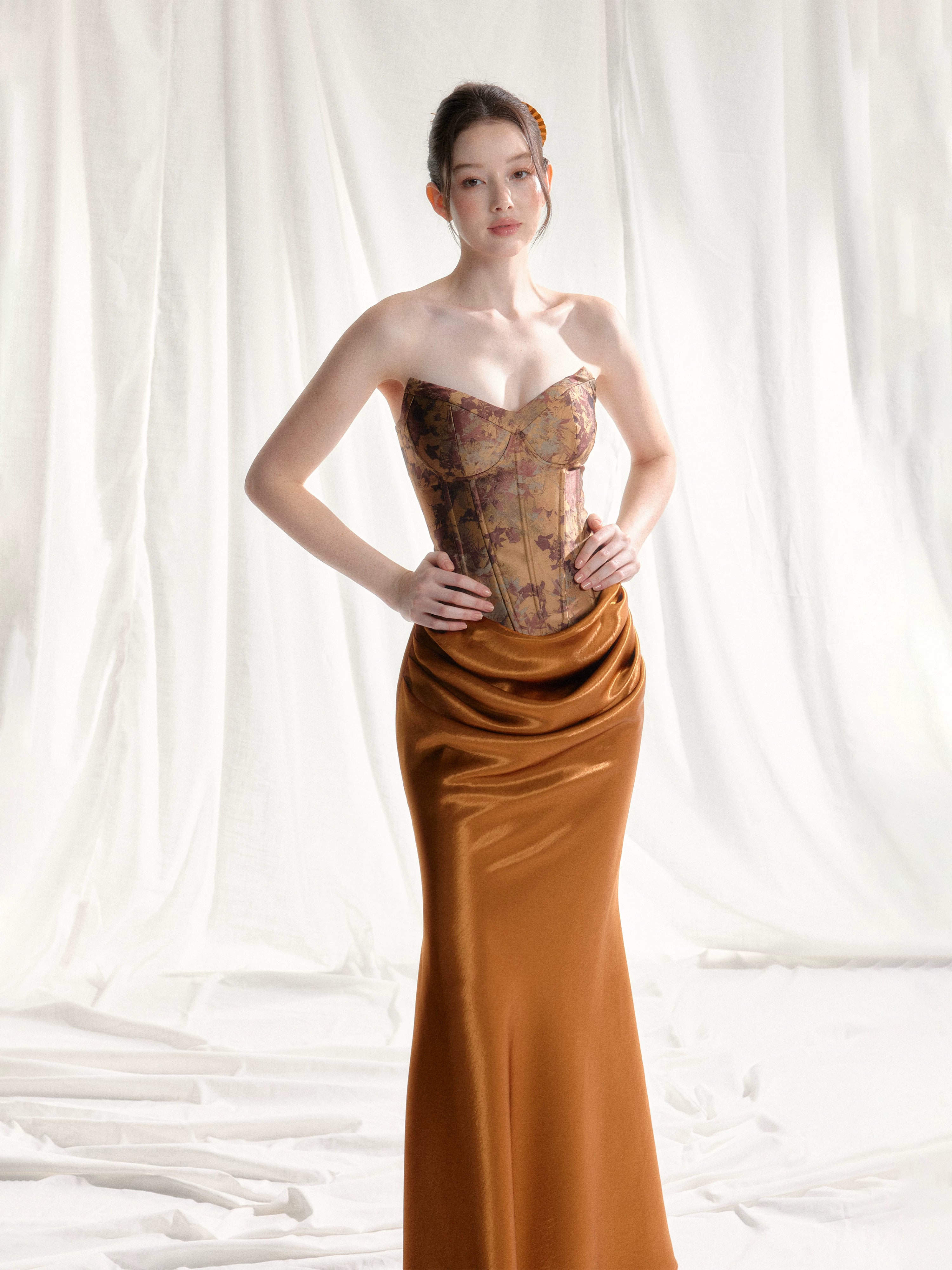 Jade Whisper Jacquard Corset Satin Evening Gown