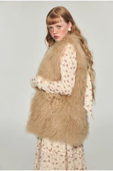 Camel & Black Wool Straight-Cut Furry Vest - CHINASQUAD