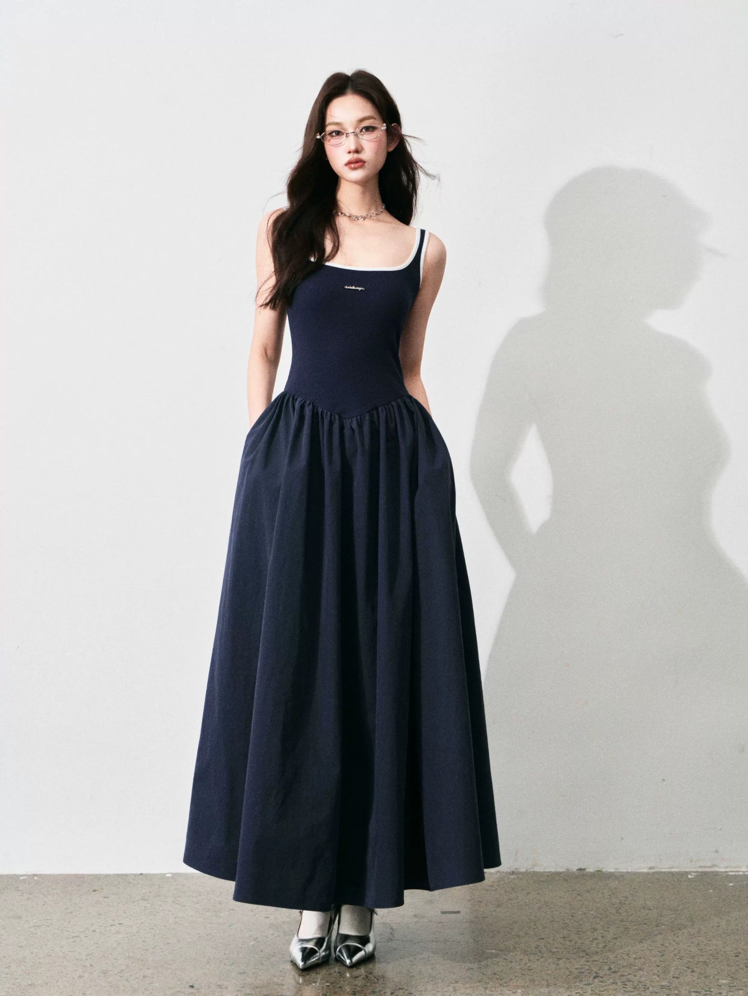 Contrast-Trim Backless Slip Maxi Dress