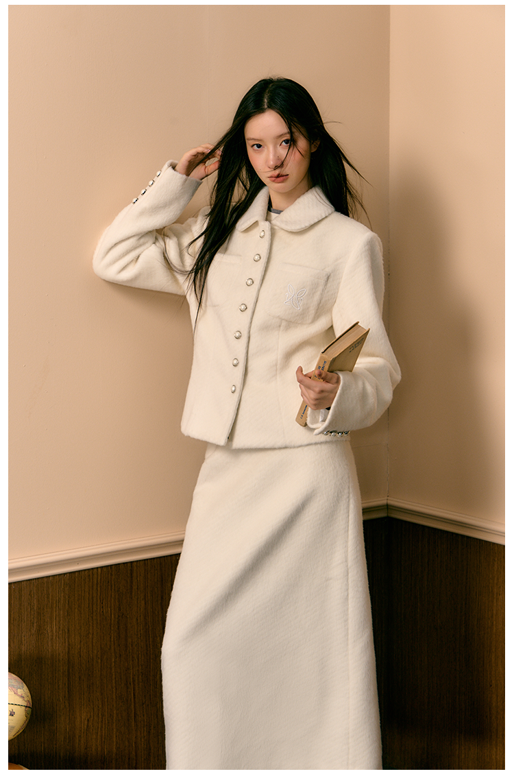 White Slim Woolen Jacket &amp; Skirt Set - CHINASQUAD