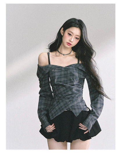 Off-Shoulder Plaid Long-Sleeve Shirt