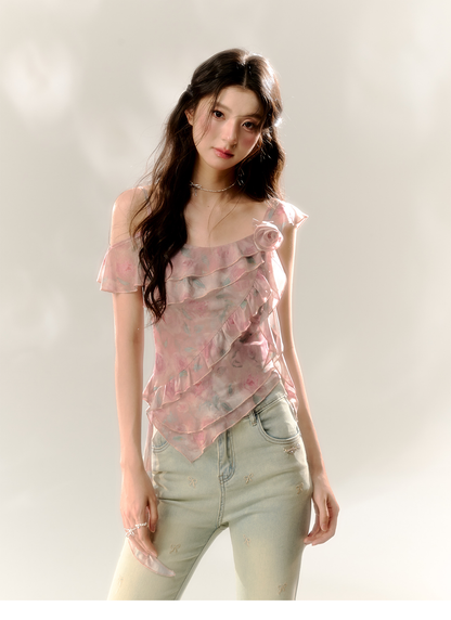 Pink Rose Print T-shirt with Ruffle Trim