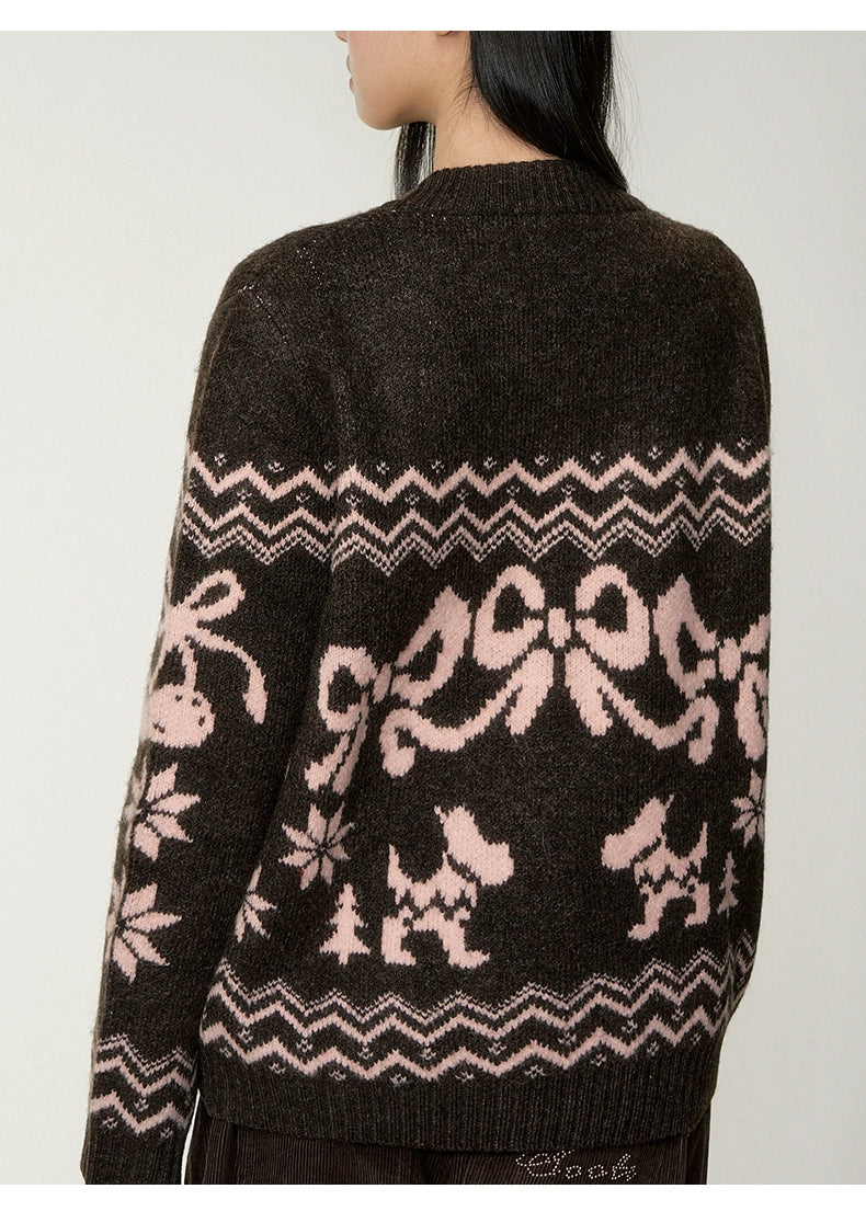 Fair Isle Bow Knit Henley Crewneck