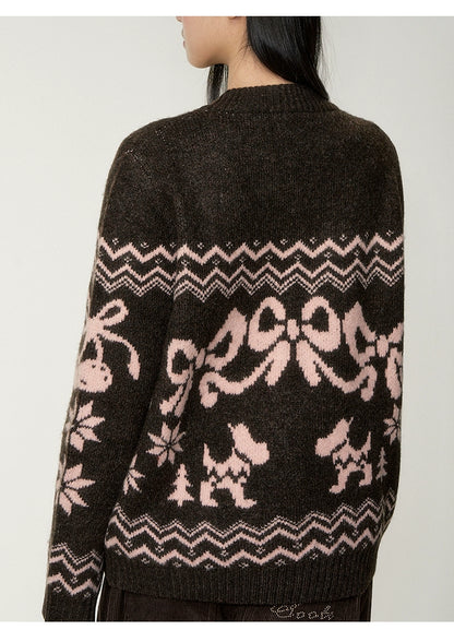 Fair Isle Bow Knit Henley Crewneck