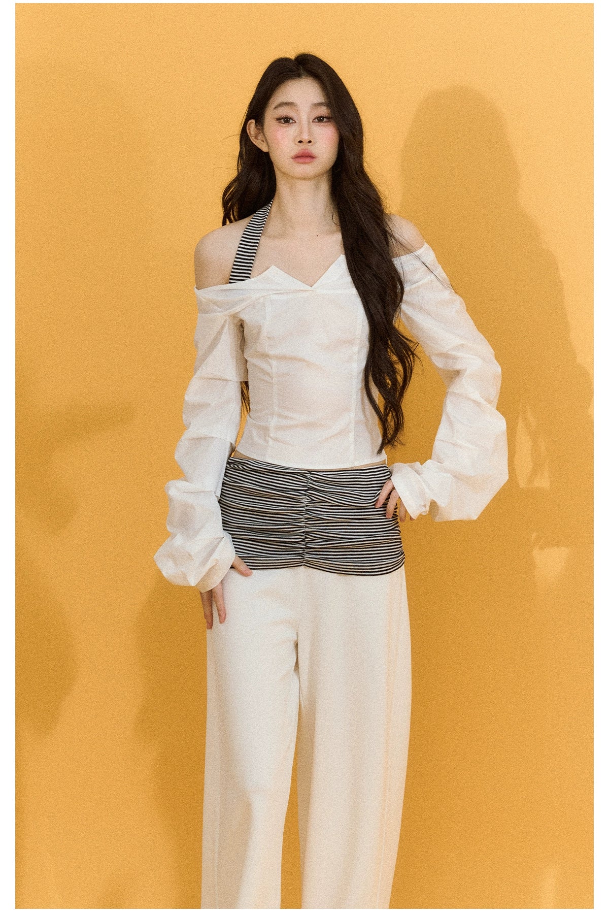 White V-Neck Off-Shoulder Cropped Blouse