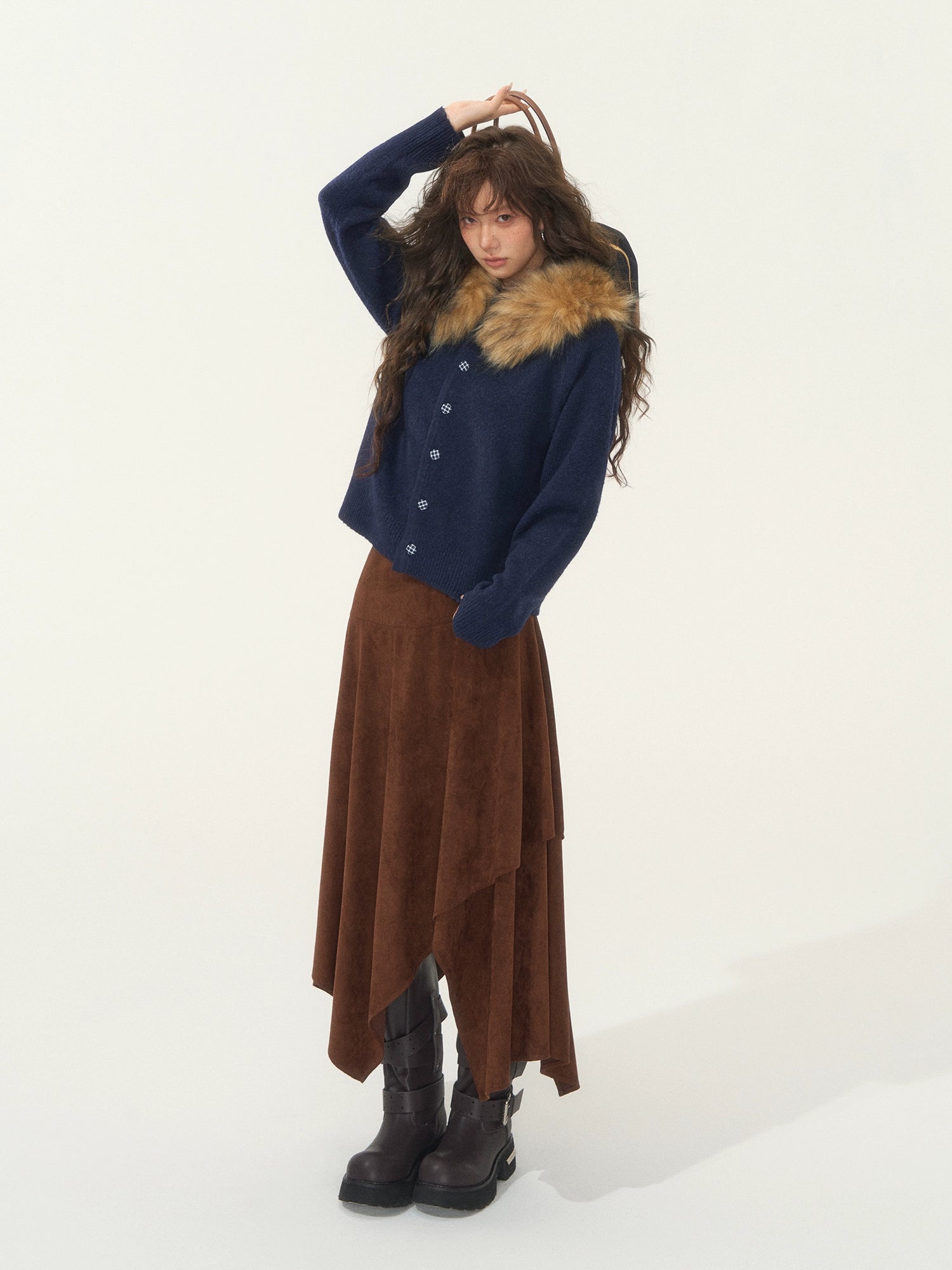 Detachable Fur-Collar Fleece Hooded Cardigan