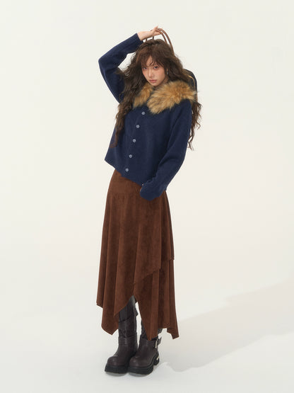 Detachable Fur-Collar Fleece Hooded Cardigan