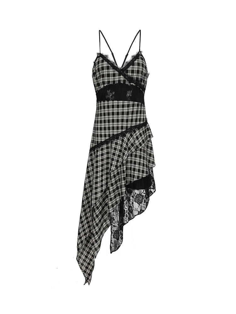 Black &amp; White Plaid Lace Splicing Suspender Midi Dress - CHINASQUAD