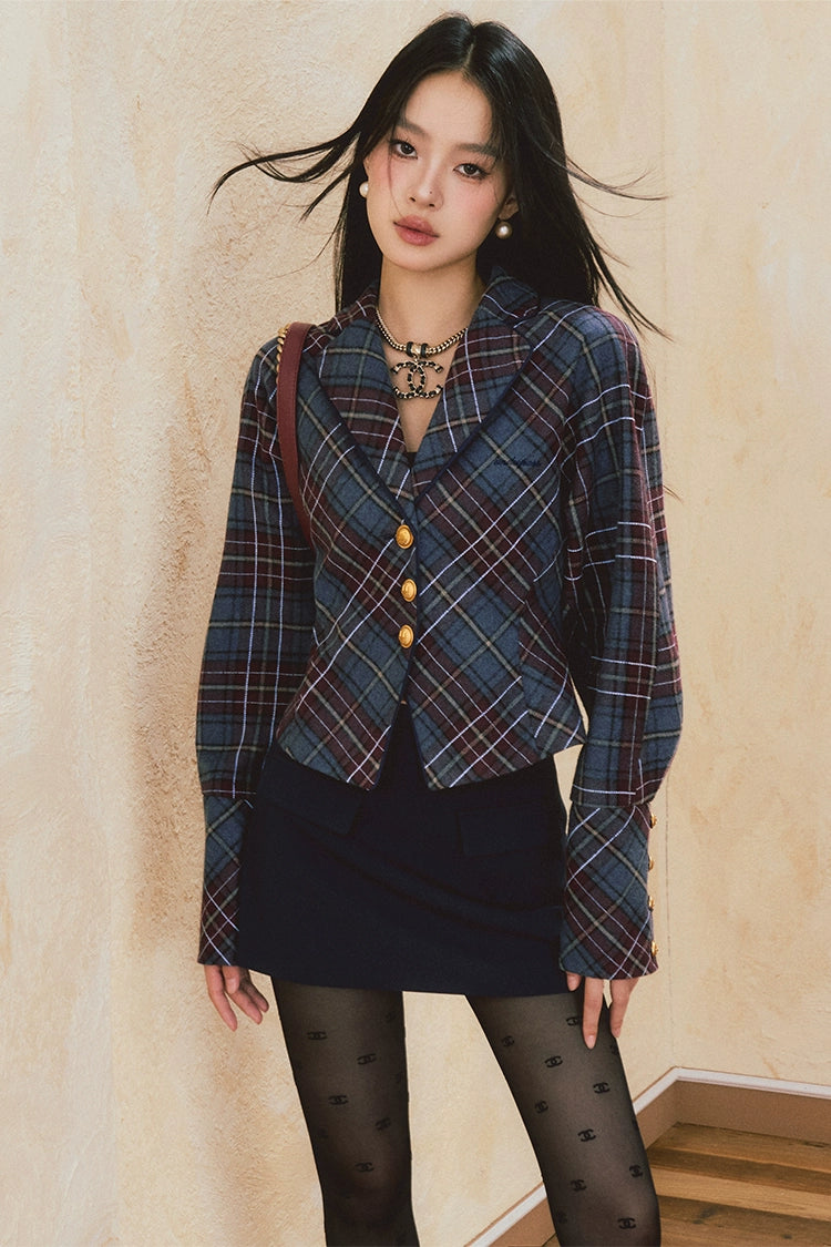 Black Plaid Blazer &amp; Mini Skirt Set - CHINASQUAD