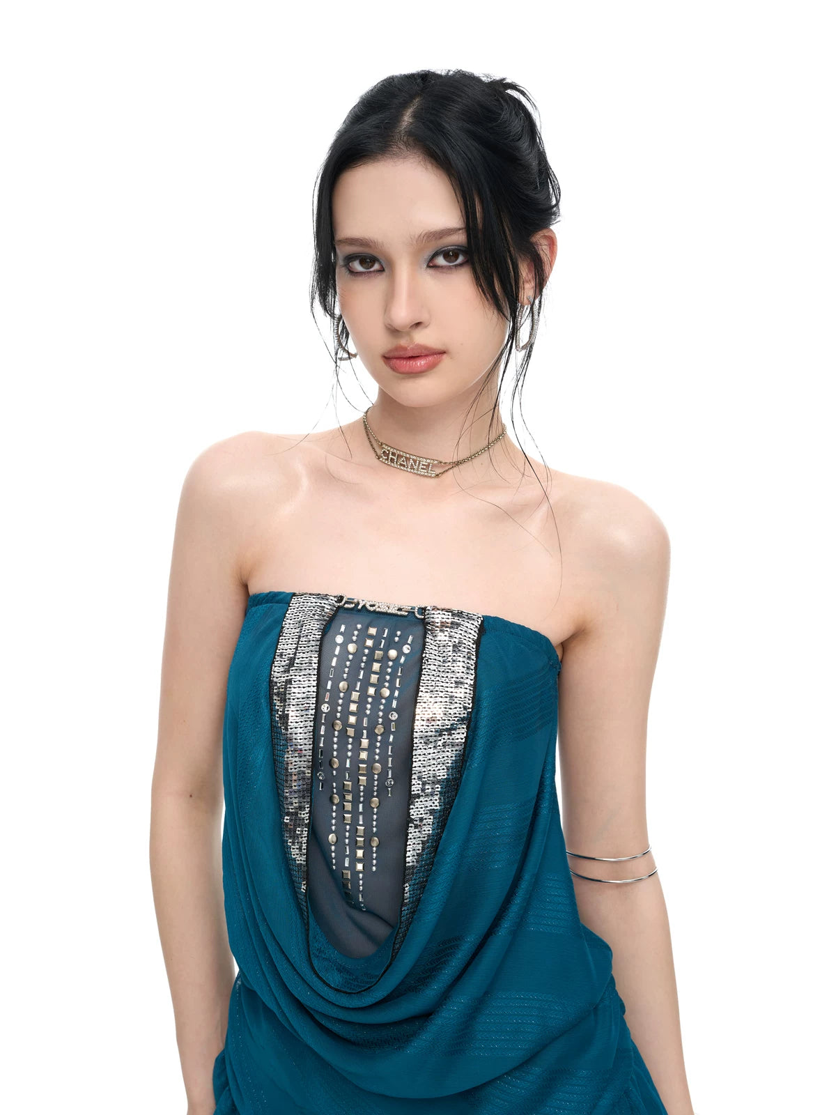 Teal Embellished Draped Strapless Chiffon Mini Dress