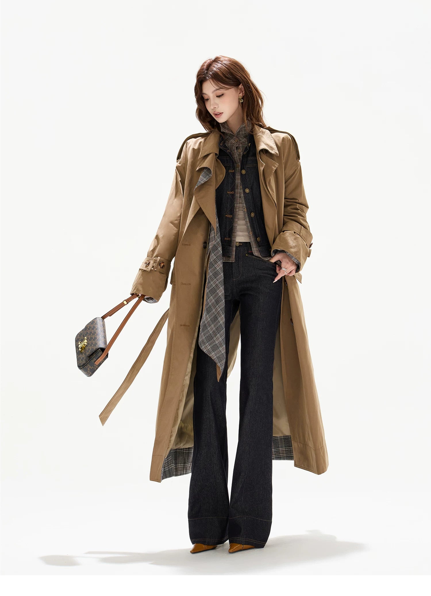 Double-Breasted Check-Panel Trench Coat