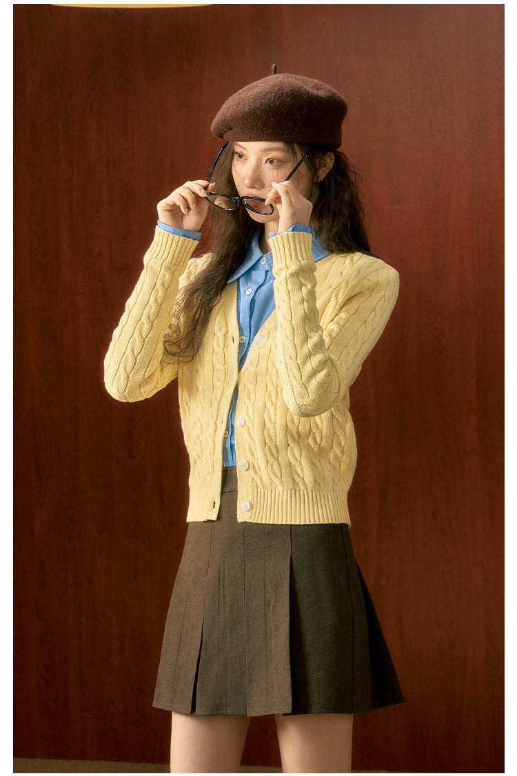 Yellow Twisted Texture Knitted Cardigan - CHINASQUAD