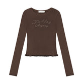 Cross-Stitch Print Ruffled Trim Fitted T-Shirt - CHINASQUAD