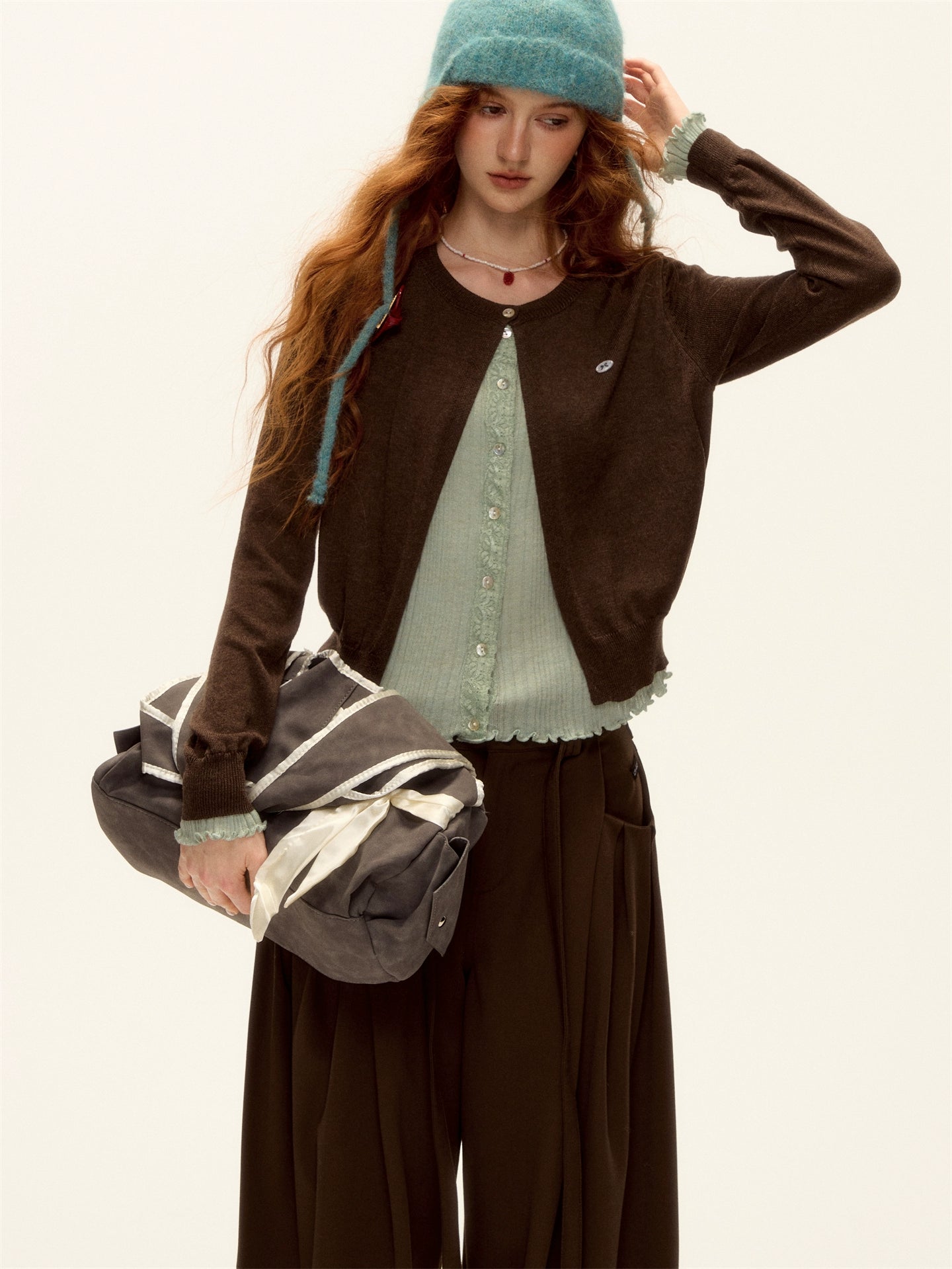 Contrast Panel Ruffled Knit Cardigan