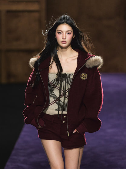 Wool-Blend Faux Fur Trimmed Fleece Hoodie