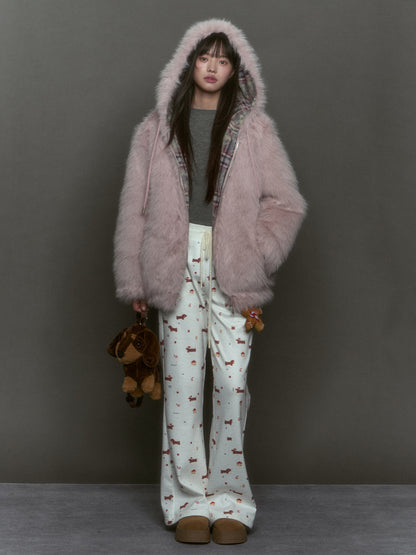 Plaid Spliced Eco-friendly Faux Fur Coat