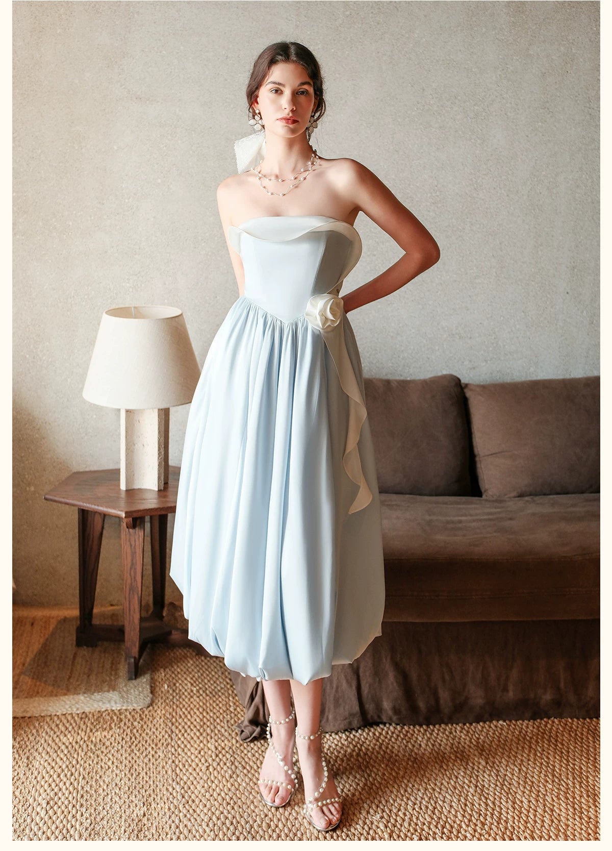 Satin Floral Bubble Hem Strapless Dress