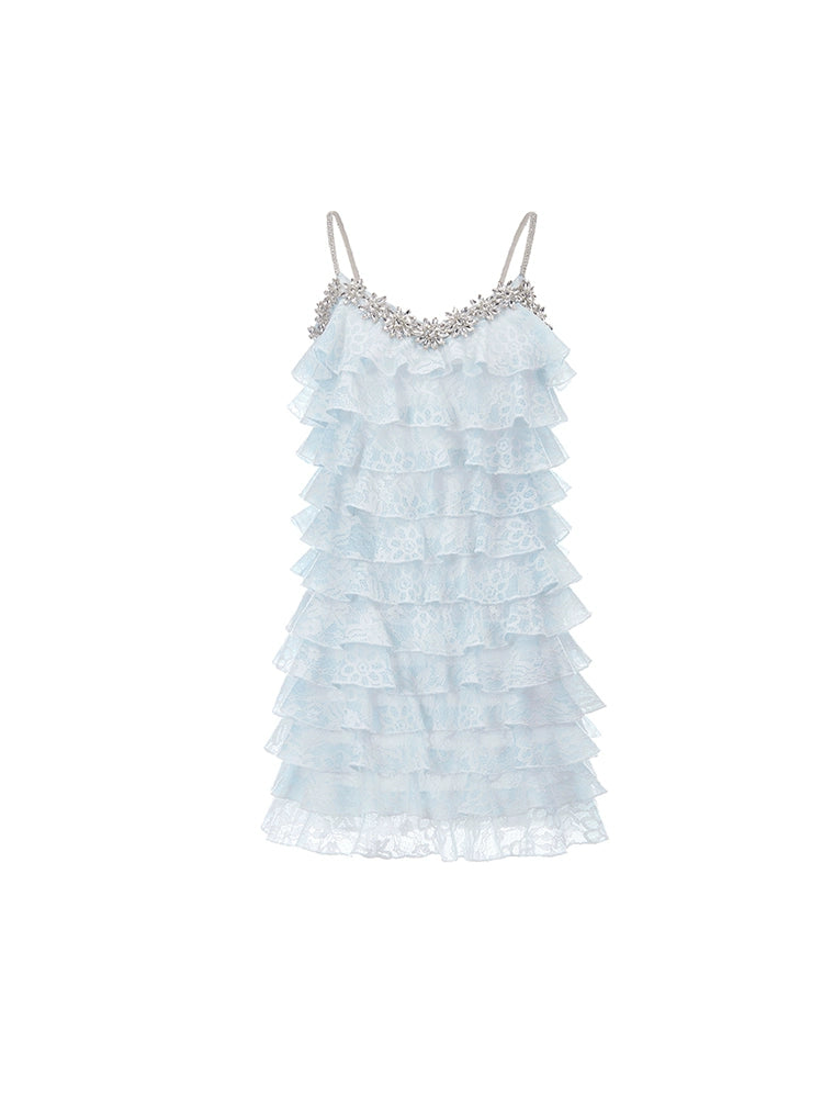 Blue &amp; White Lace Tiered Camisole Dress