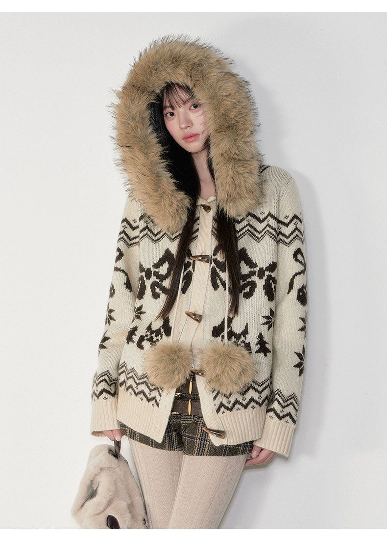 Fair Isle Fur Collar Toggle Buttons Knit Coat