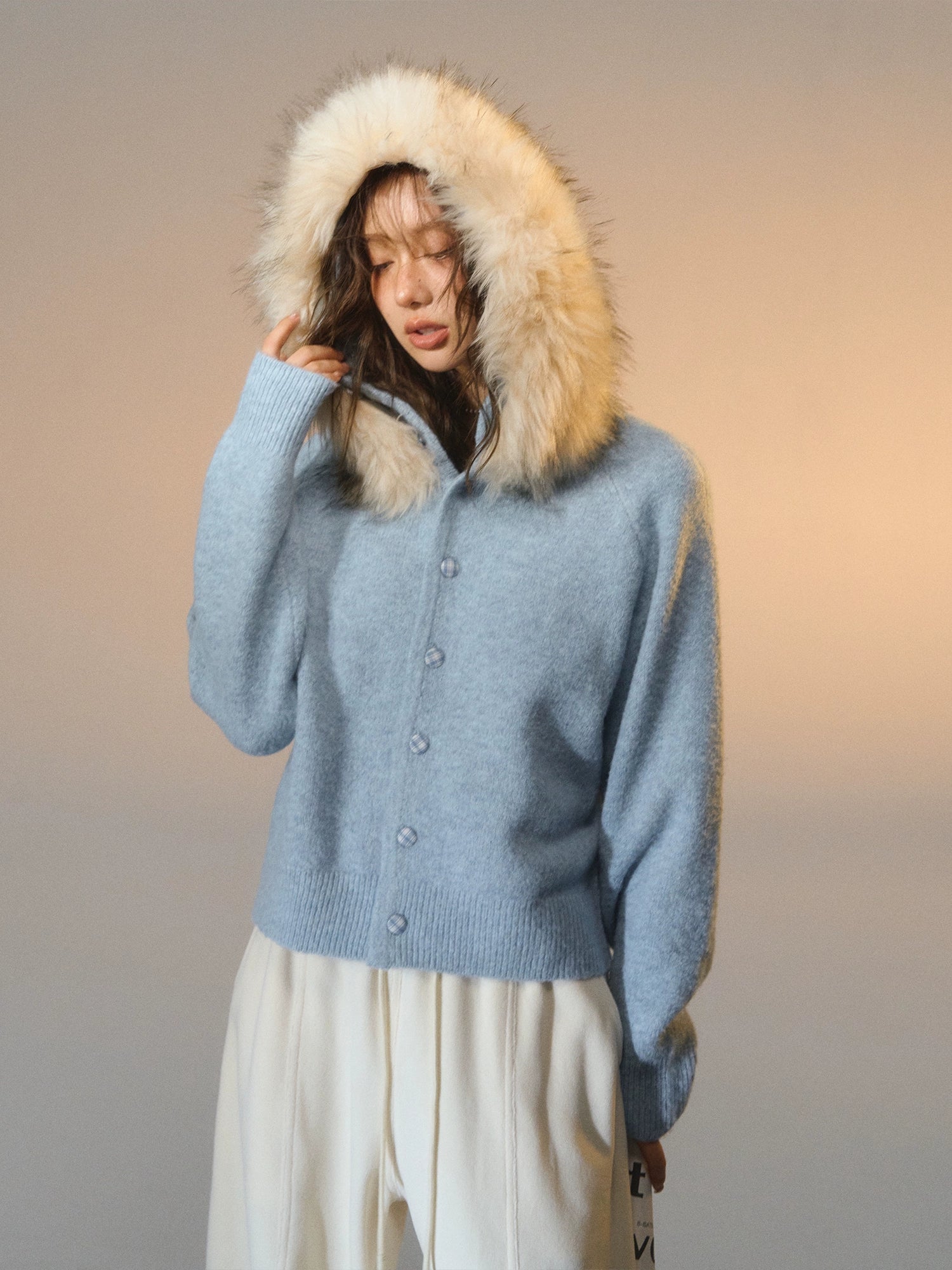Detachable Fur-Collar Fleece Hooded Cardigan