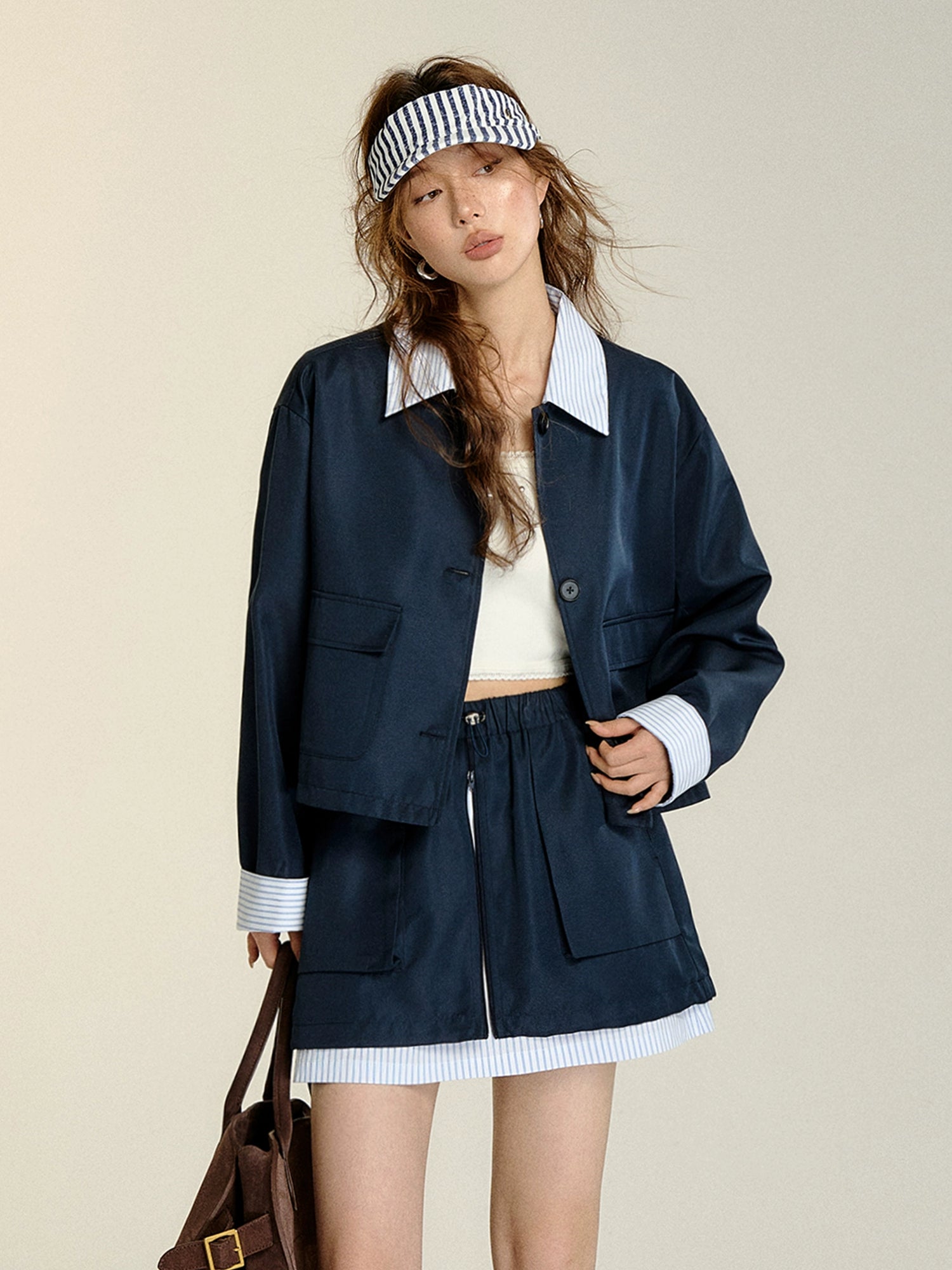 Navy Blue Faux Two-piece Striped Jacket