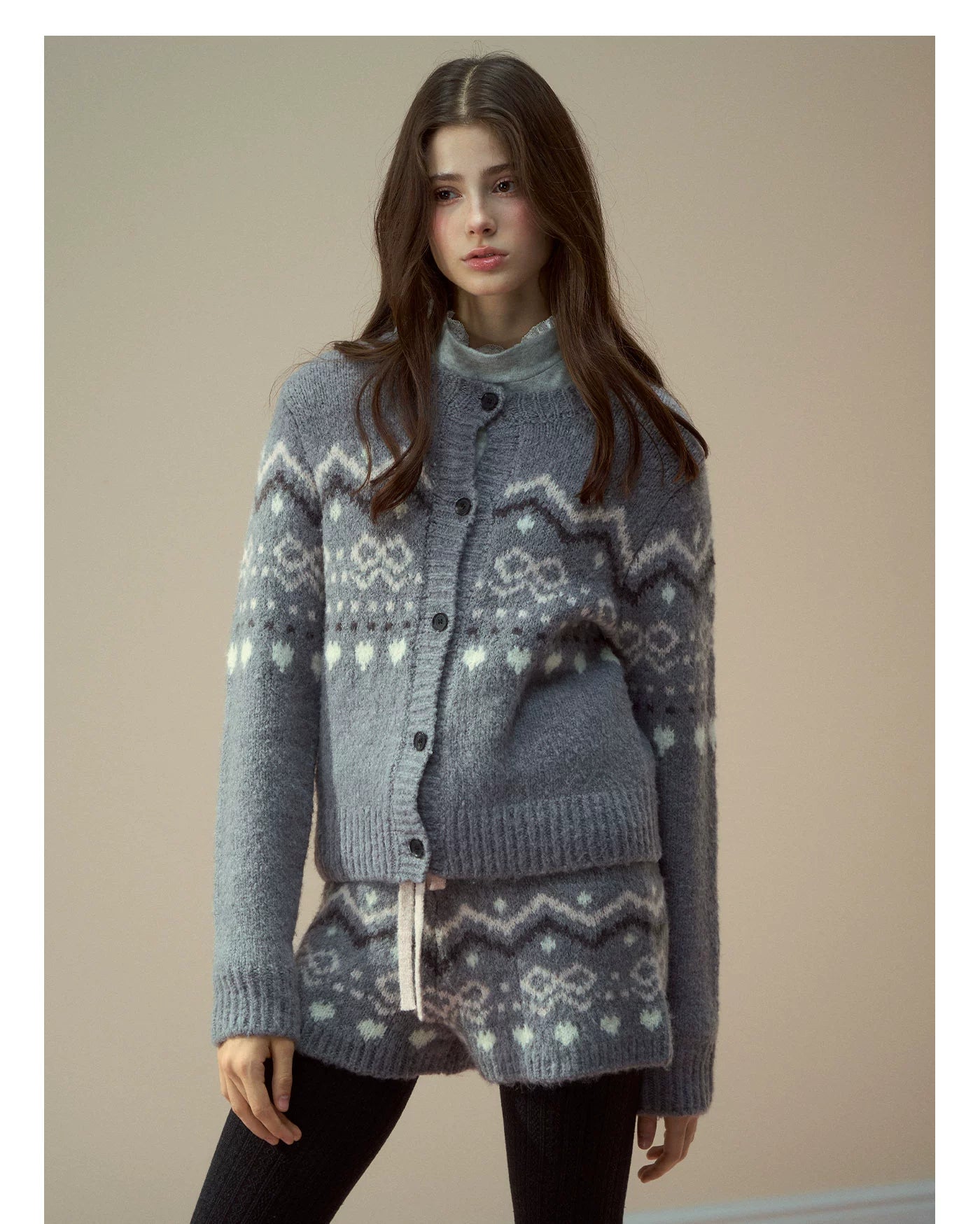 Fair Isle Knit Cardigan &amp; Shorts &amp; Scarf