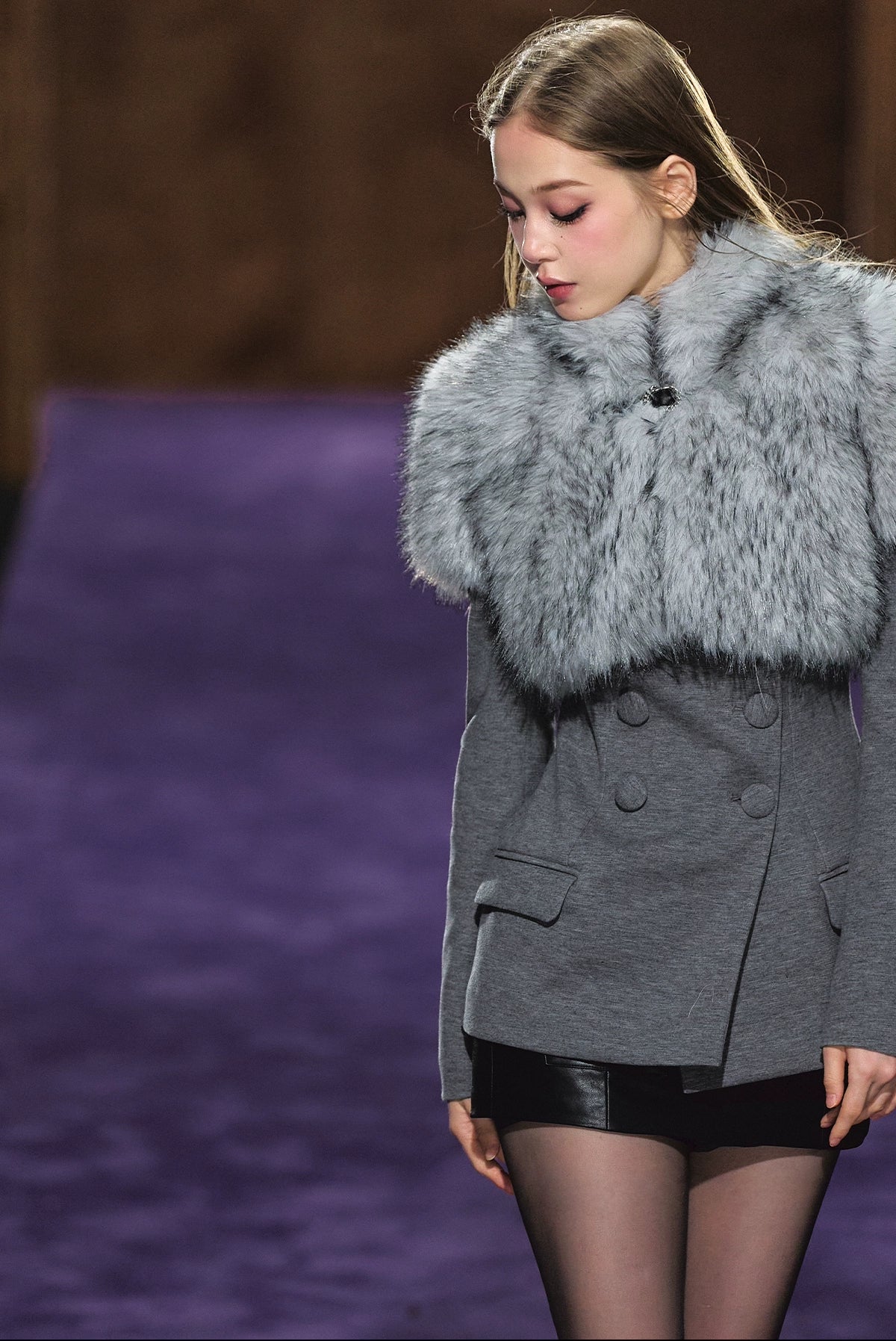 Faux Fur Collar Layered Double-Breasted Blazer Set