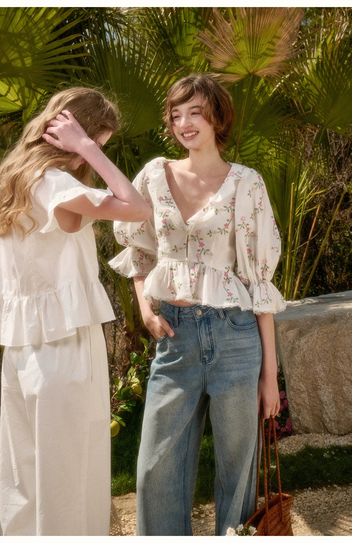 Vintage French Floral Cotton Ruffle Blouse