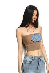 Knitted Denim Embroidered Bandeau Top - CHINASQUAD