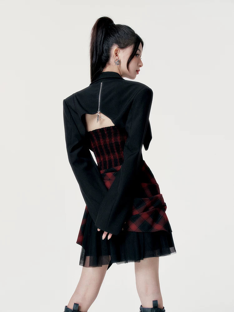 Red-Black Plaid Waist-Defining Dress