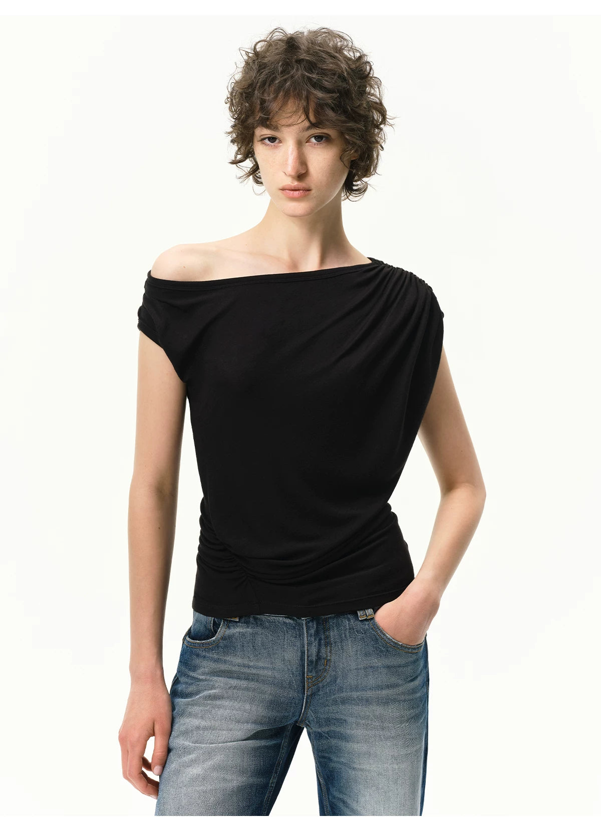 Asymmetrical Draped Lyocell-Wool T-Shirt